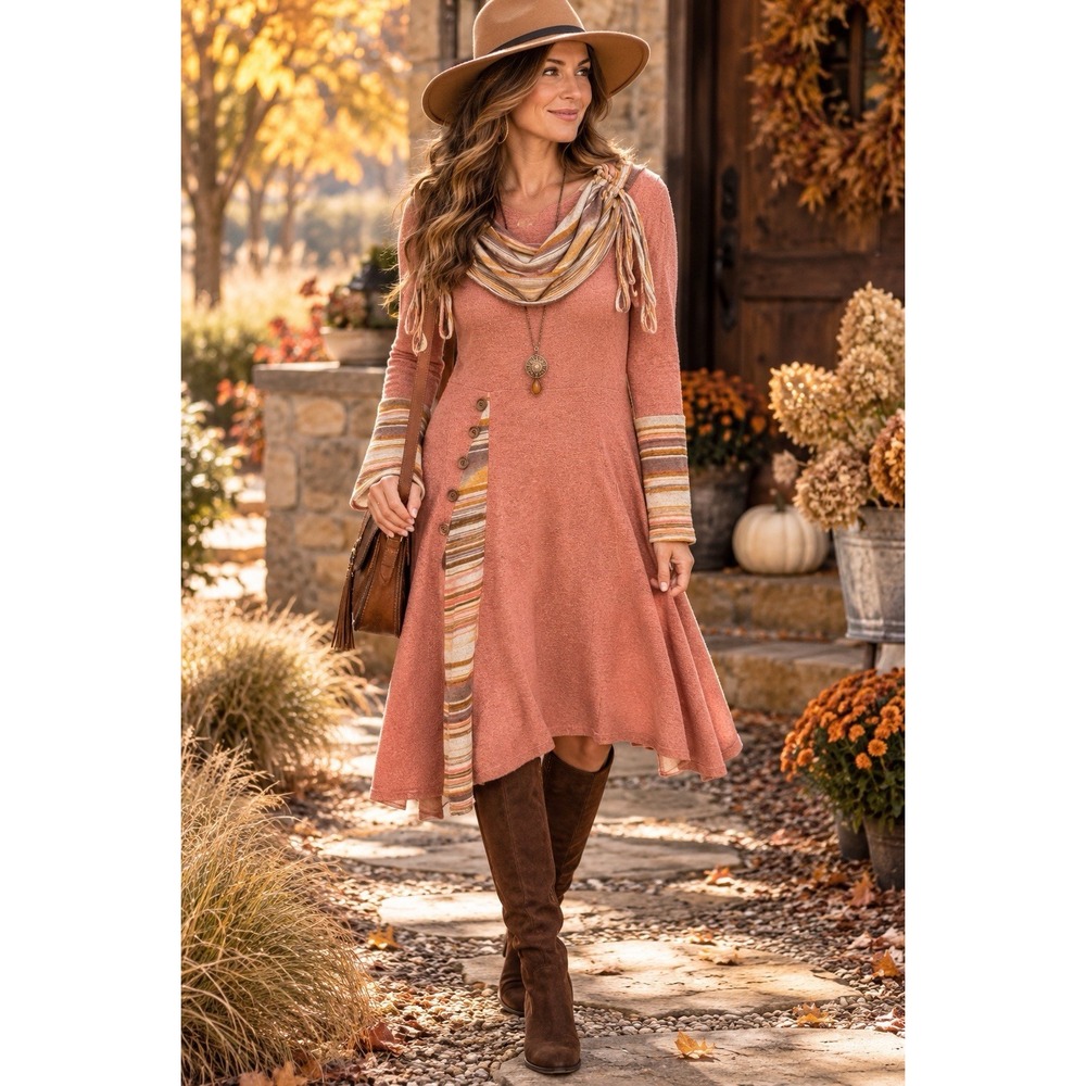 Women's XL Boho Knit Dress Dusty Rose Striped Cowl Neck Artsy Lagenlook EE60